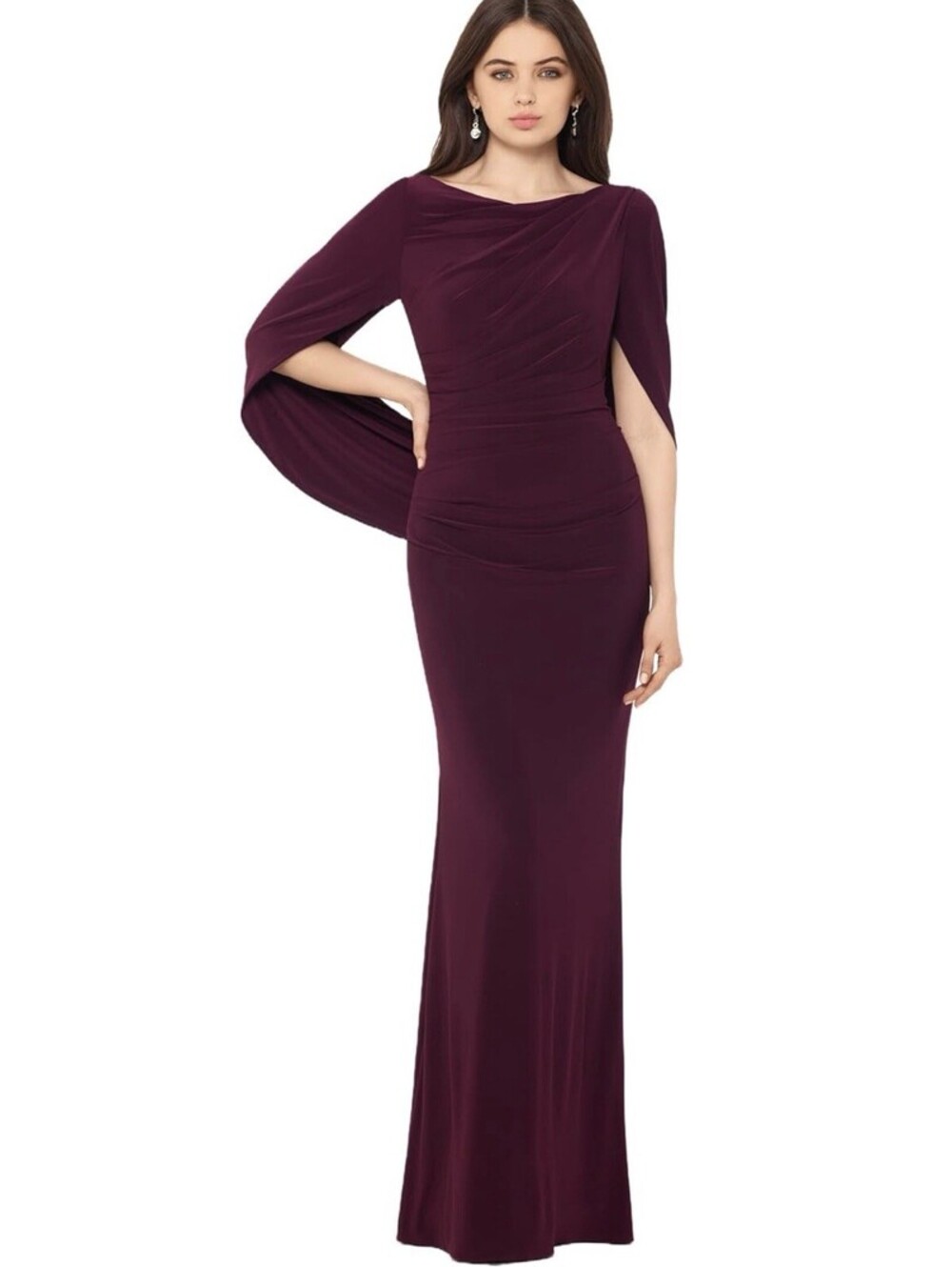 Betsy & Adam Stretchy 3/4 Sleeve Cowl Neck Drape Back Gown Size 14 Wine NWT $199